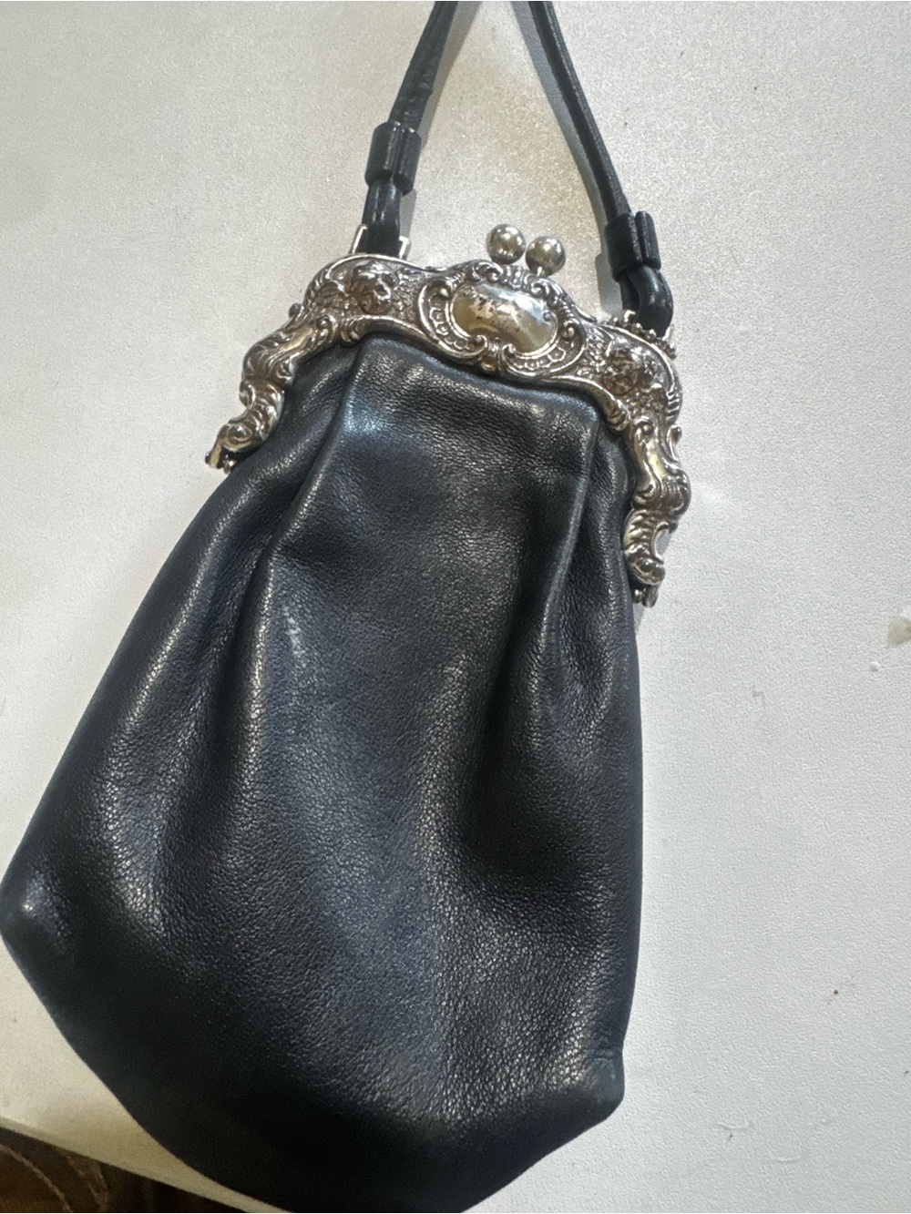Vintage Brighton Stacy One World Black Leather Mini Kiss Lock Crossbody Bag